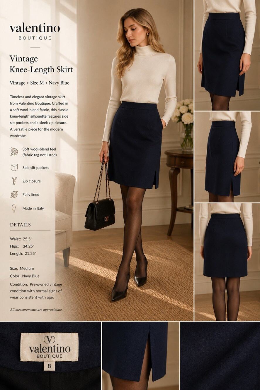 Valentino Boutique Vintage Navy Blue Knee-Length Skirt | Wool Blend | Size M